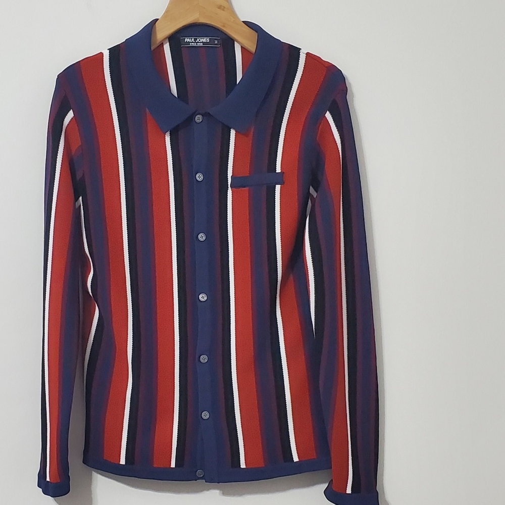 Paul Jones Striped Knit Button Up Shirt Mens Medium - Picture 2 of 10